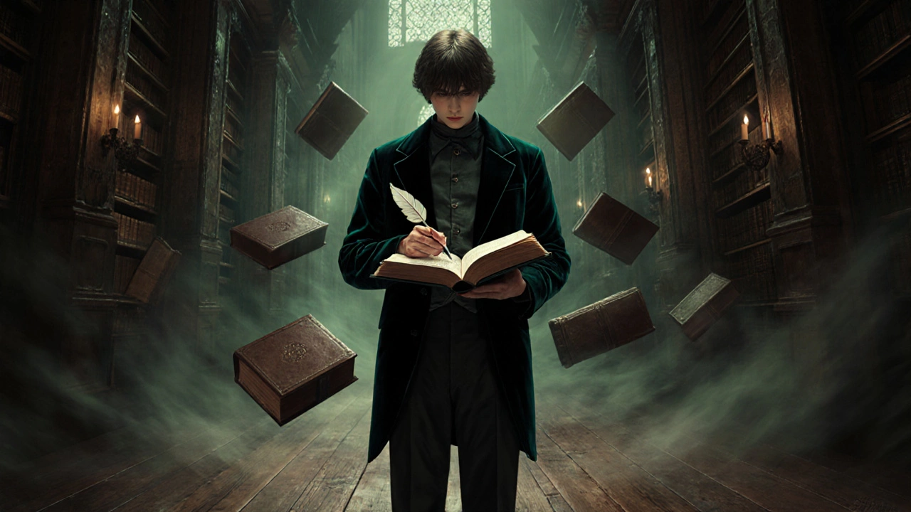 Человек в бархатном пиджаке в старой библиотеке с книгами, свечой и чернильными пятнами на пальцах.