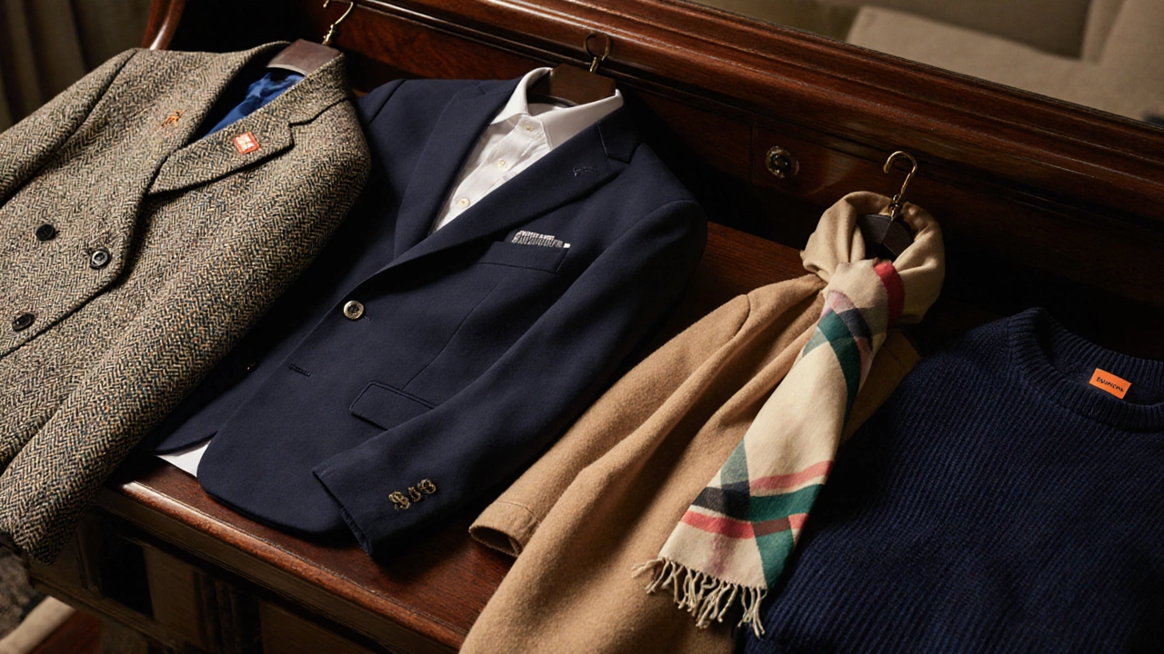 Коллекция предметов от Ralph Lauren, Brooks Brothers, Burberry, Hermès и Loro Piana на деревянном столе.
