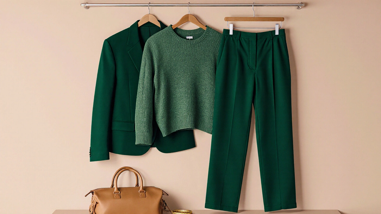 Минималистичная вешалка с тремя вещами в оттенке 'Тихий лес' на фоне бежевой стены и натуральных аксессуаров.