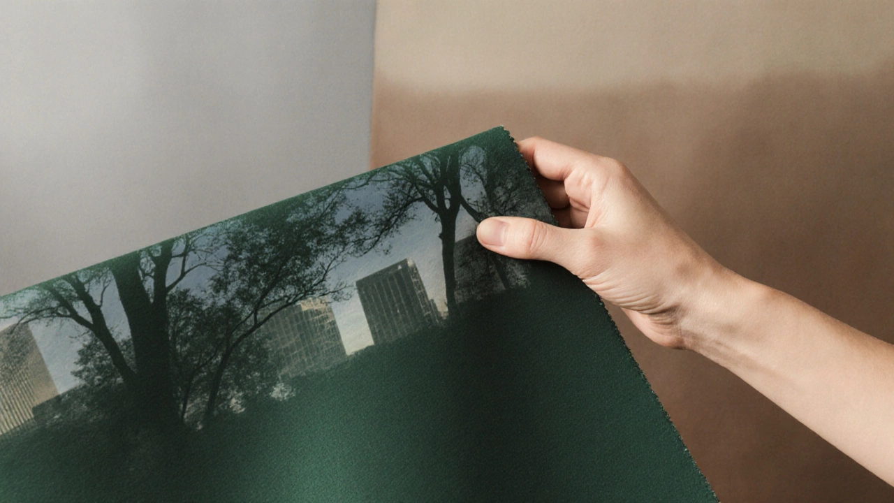 Рука прикасается к ткани оливково-зелёного цвета, отражающей силуэты деревьев и города в мягких бликах.
