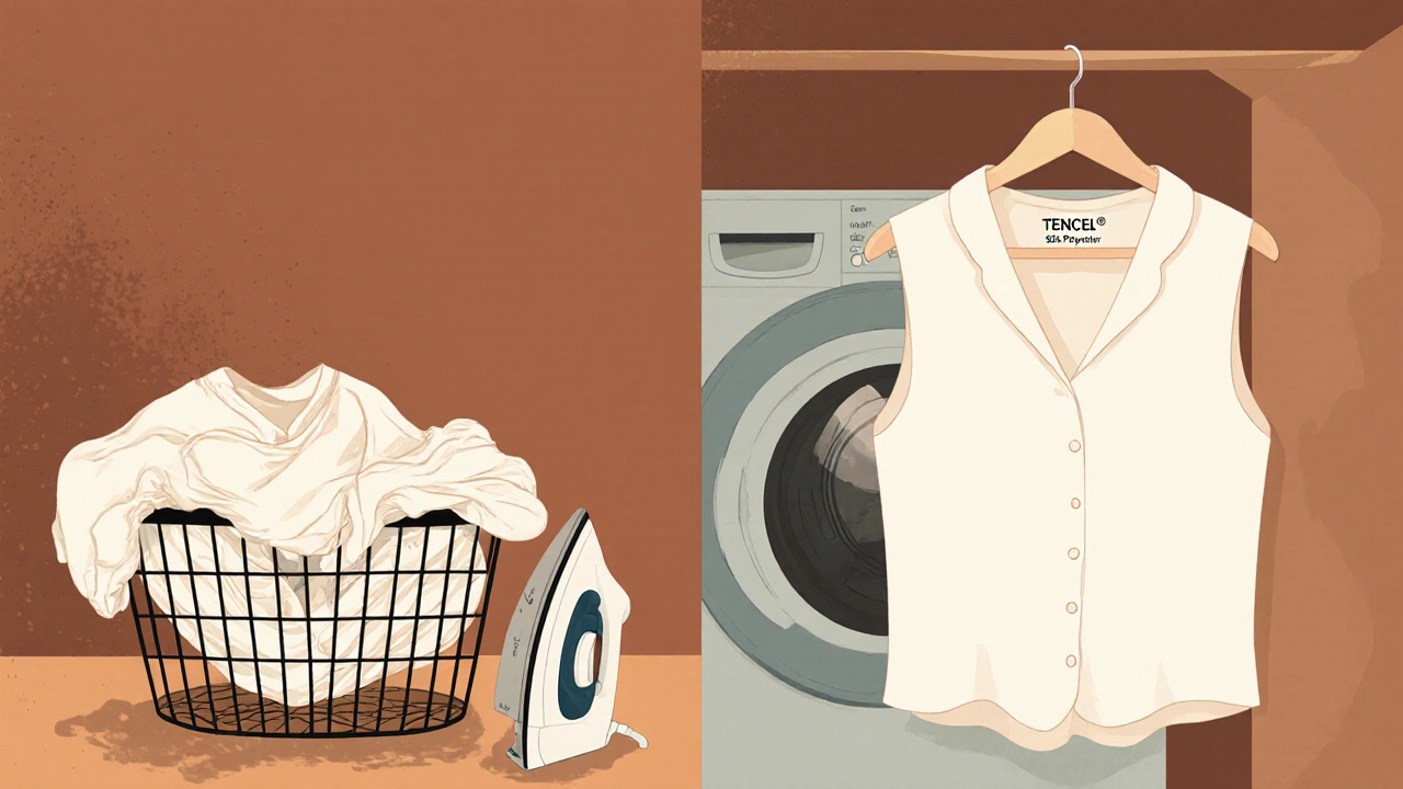 Сравнение мятой хлопковой рубашки и гладкой синтетической блузки с этикеткой TENCEL™.