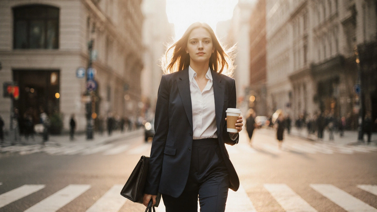 Женщина в элегантном костюме из нейлона и спандекса идет по городу, одежда без складок.