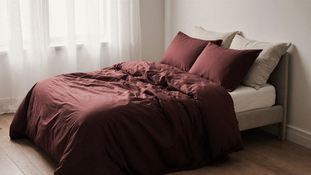 Белье из хлопка сатин глубокого бордового цвета с идеальной драпировкой и утренним светом.