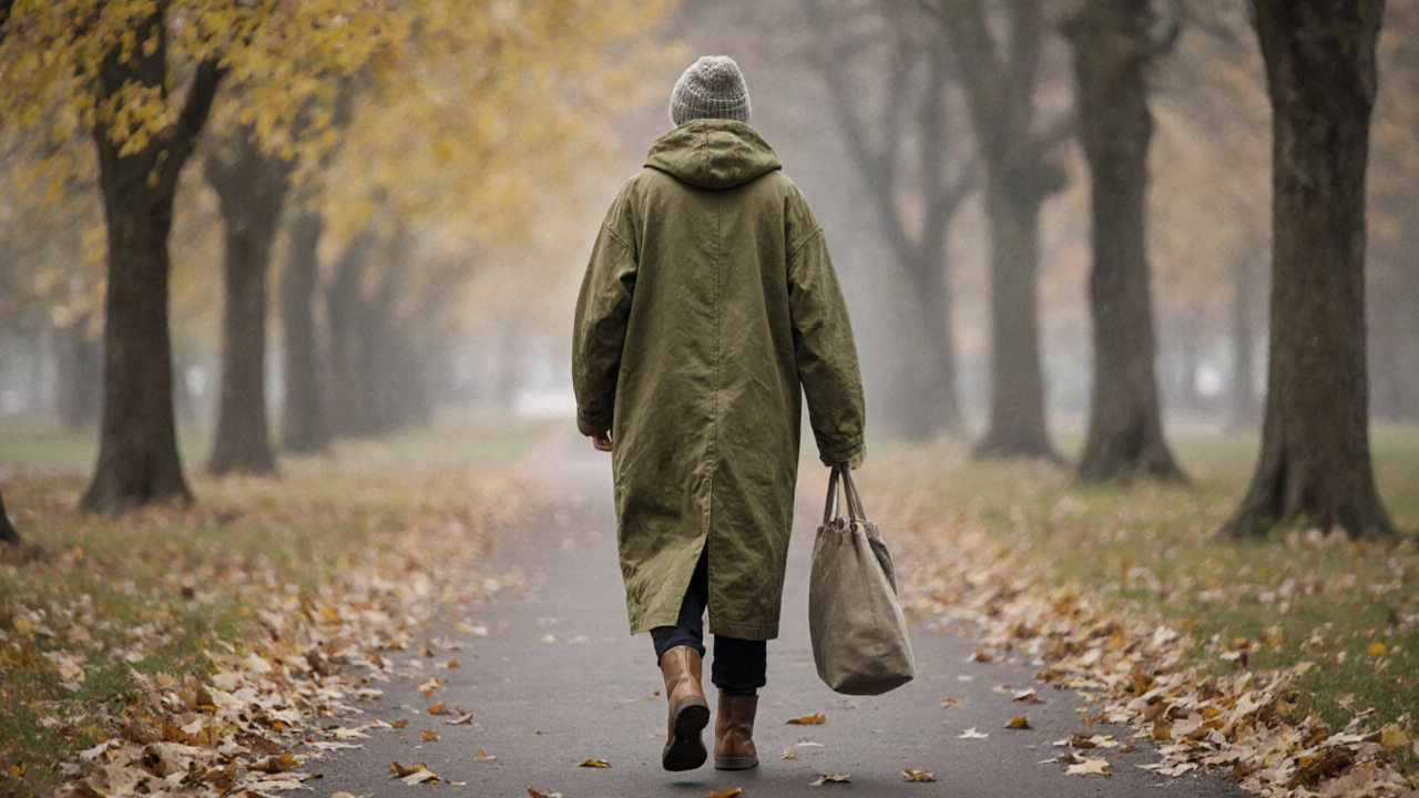 Человек в оливковом пальто с капюшоном гуляет по осеннему парку.