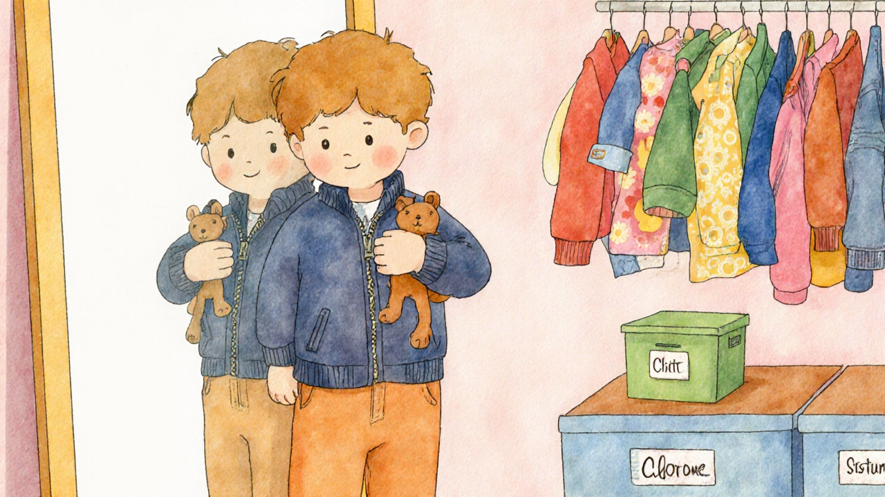 Четырехлетний ребенок застегивает куртку перед зеркалом, держит плюшевого мишку.