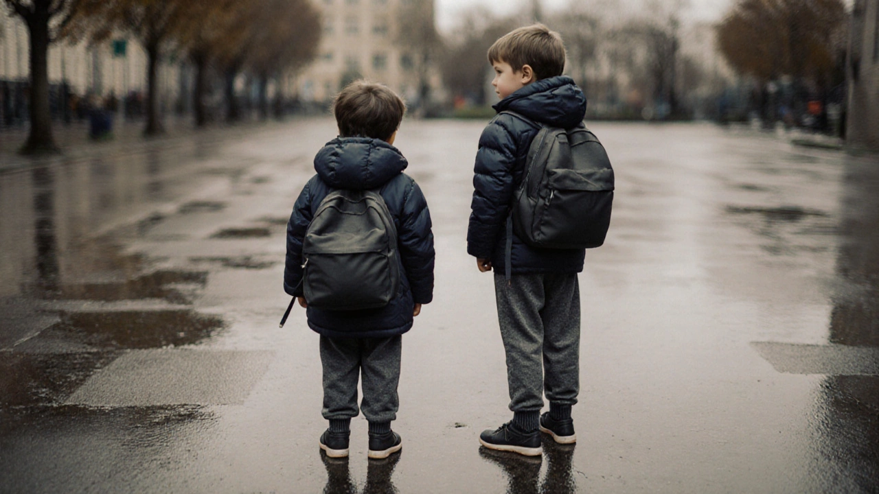Дети в тёмно-синих и угольных куртках стоят во дворе школы в пасмурный осенний день.