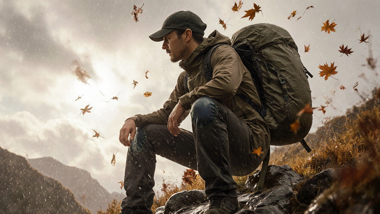 Ходок на коленях на мокрых камнях в водонепроницаемых брюках с усилением на коленях, осенний дождь.