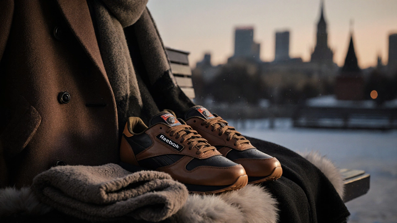 Кожаные кроссовки Reebok Classic Leather на скамейке рядом с шерстяным пальто и кашемировым шарфом.