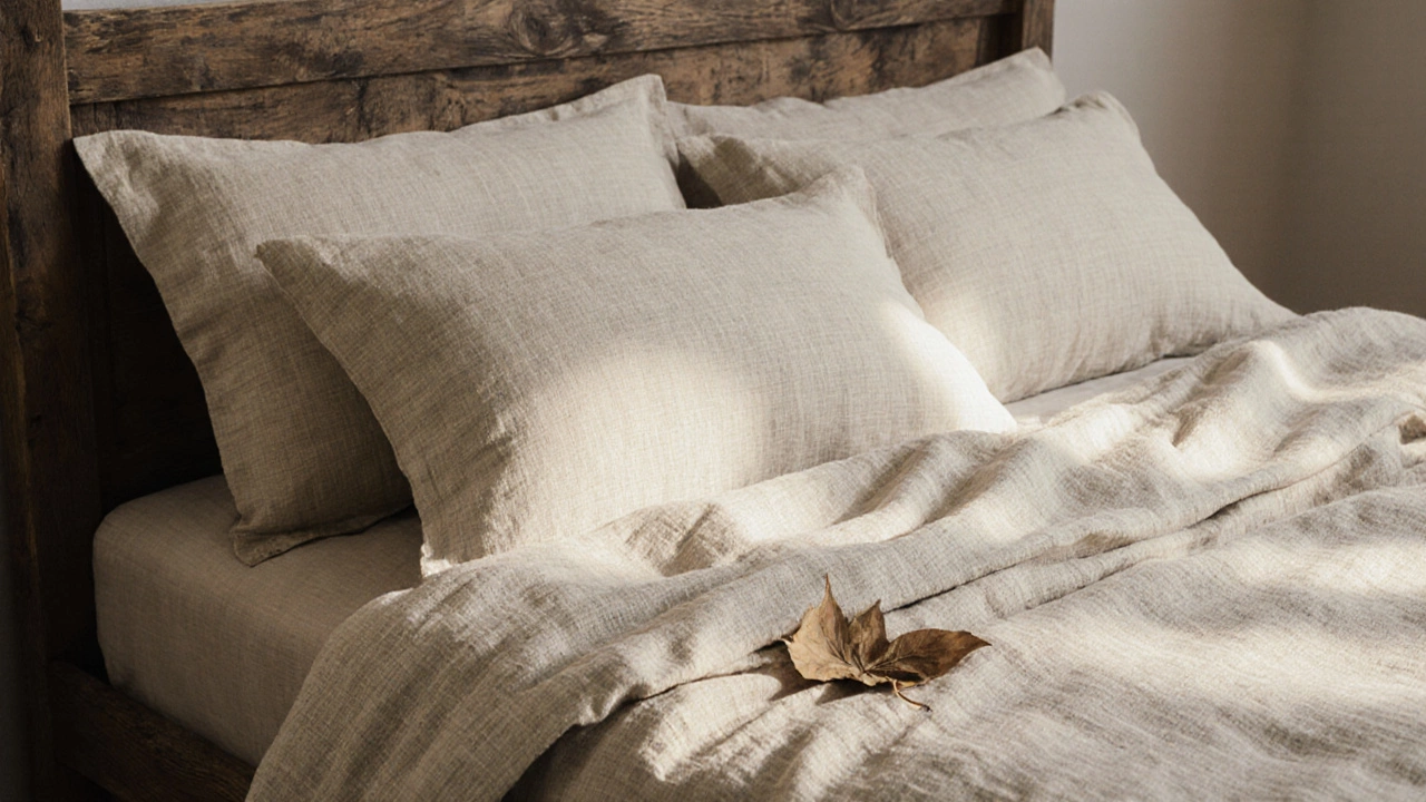 Льняное постельное белье с натуральной текстурой и сухим листом на складках.