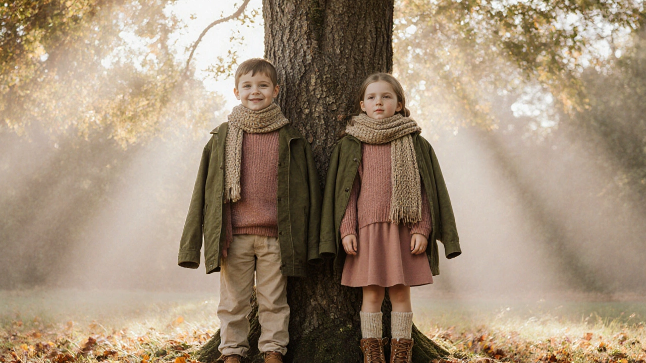 Мальчик и девочка в тёплых розовых свитерах с натуральными аксессуарами рядом с деревом.