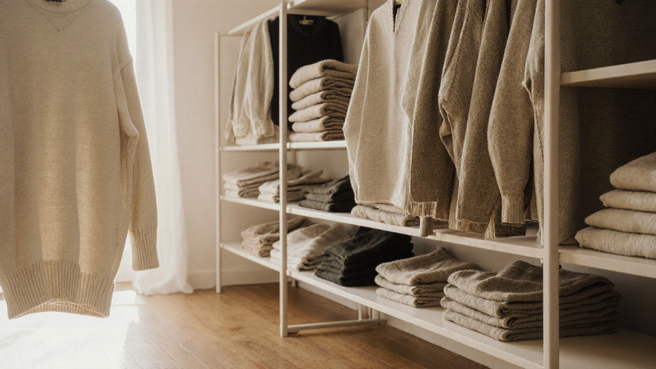 Маленький бутик с одеждой из натуральных тканей в нейтральных тонах.