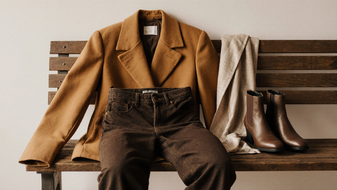 Минималистичная композиция: пальто, джинсы и ботинки на деревянной скамейке, осень 2025.