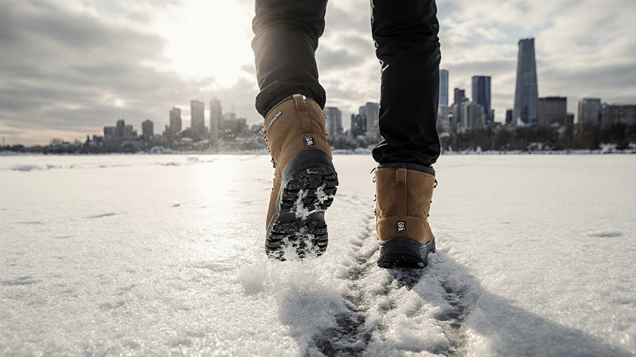 Мужчина идет по замерзшему озеру в надежных зимних ботинках, следы без скольжения.