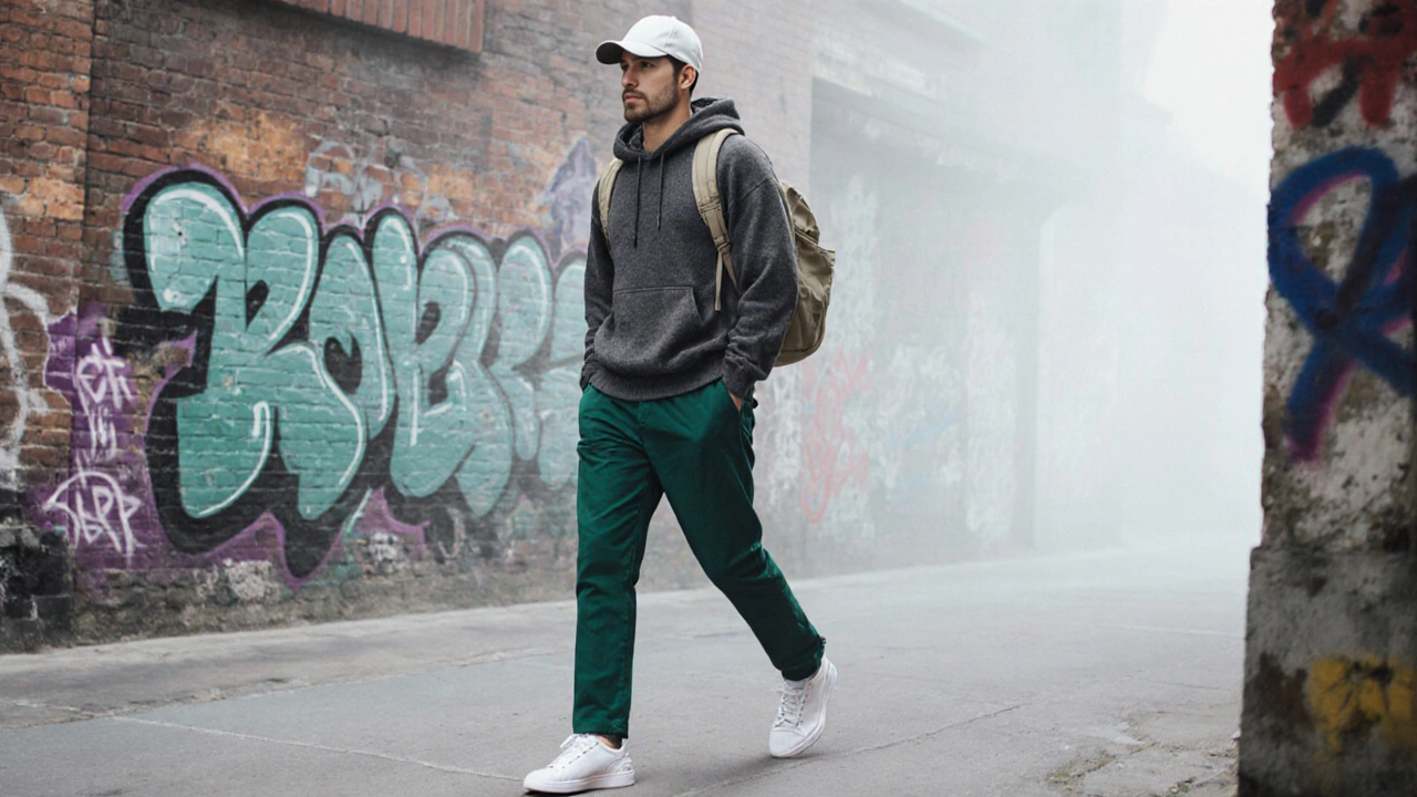Мужчина в слоеном образе: свитер под худи, темные брюки и белые кроссовки.