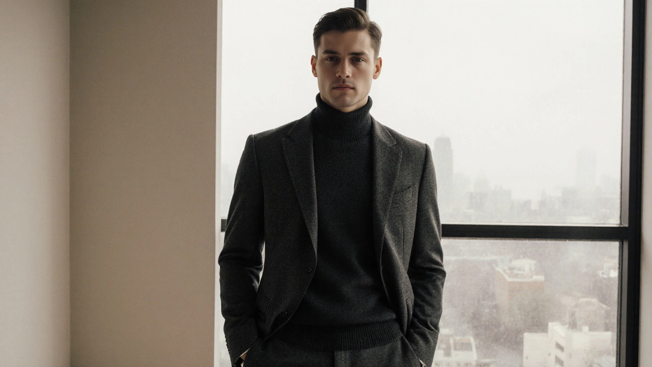 Мужчина в стиле тихой роскоши: идеально сшитый пиджак и кашемировый свитер в современной гостиной.