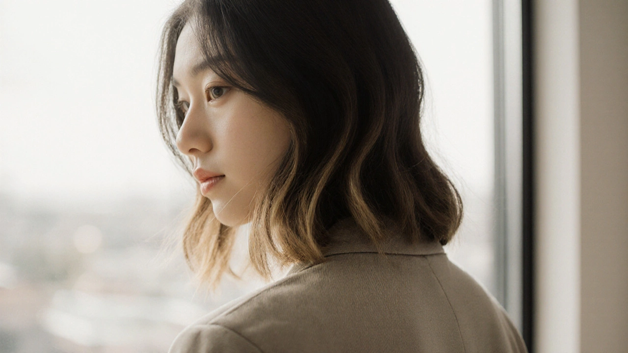 Один свободный локон падает на плечо, с легким выгоревшим эффектом на кончиках, нейтральный фон.