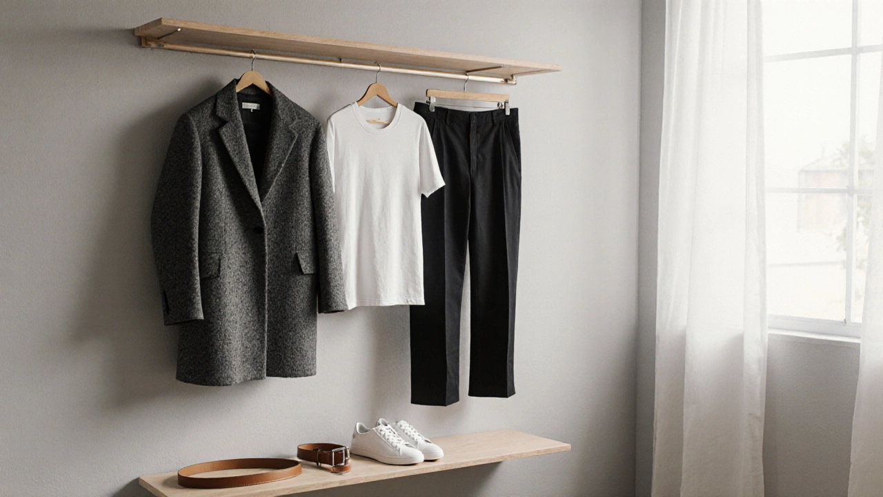 Пять предметов одежды на деревянной полке: пальто, брюки, футболка, ремень, кроссовки.