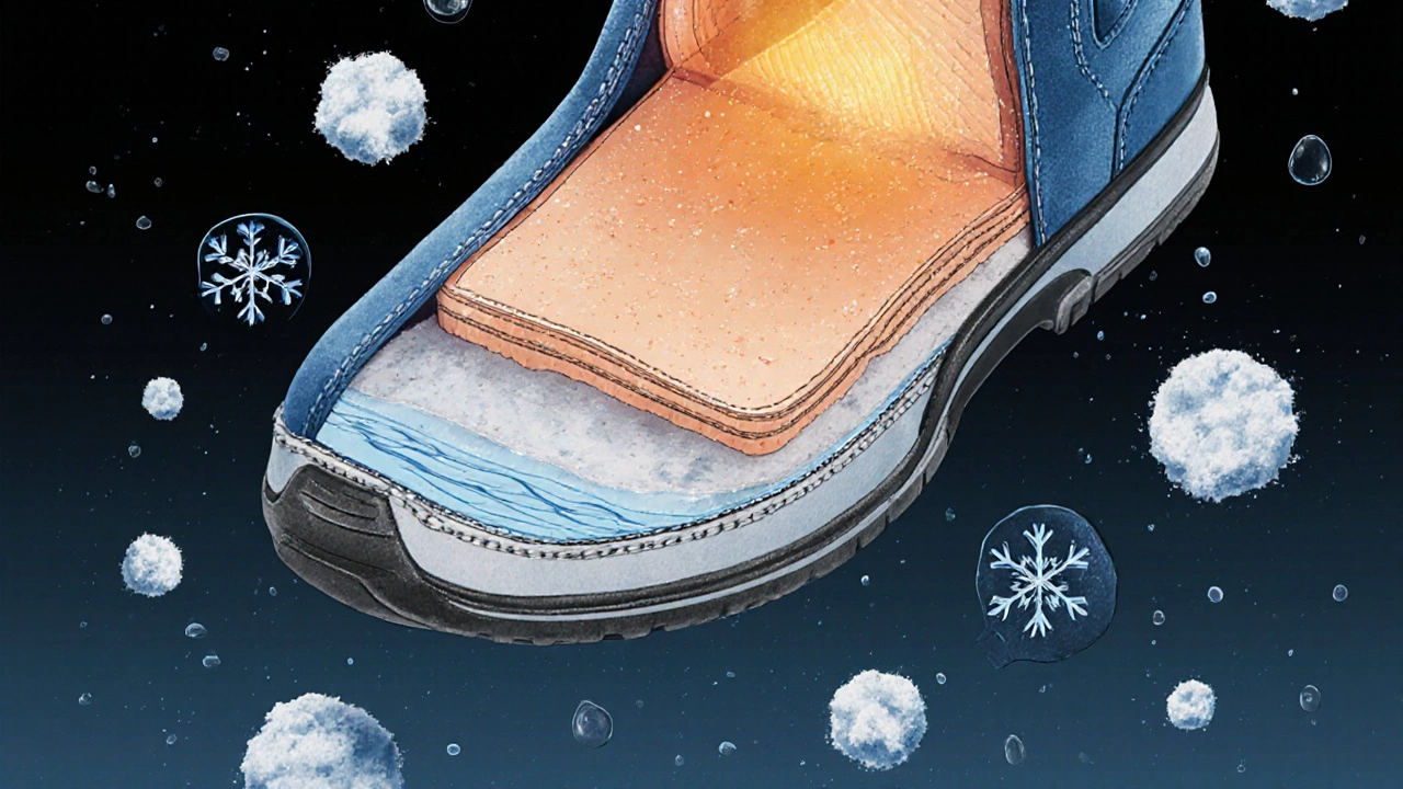 Разрез зимнего ботинка: показаны утеплитель, мембрана и проклеенные швы.