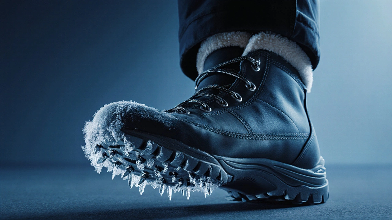 Разрез зимнего ботинка, показывающий слои: водонепроницаемая оболочка, утеплитель и шипы в подошве.