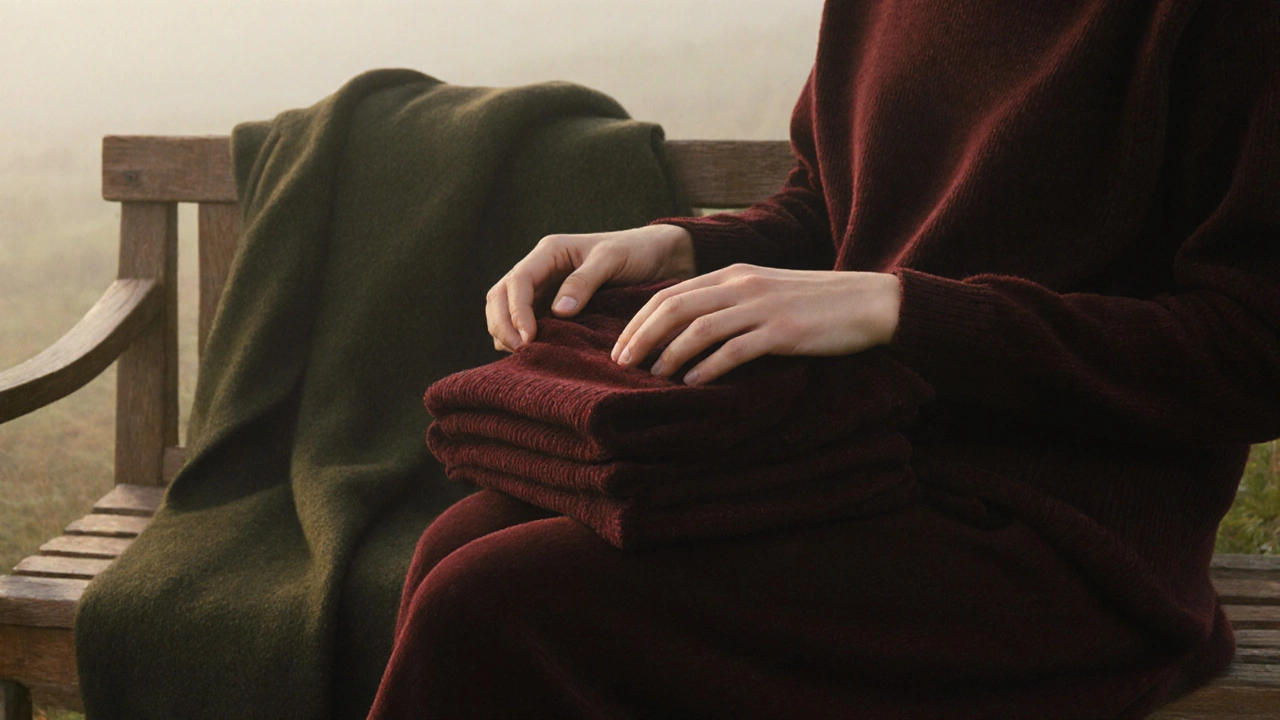 Руки держат бордовый вельветовый свитер рядом с оливковым шерстяным пальто на деревянной скамейке.