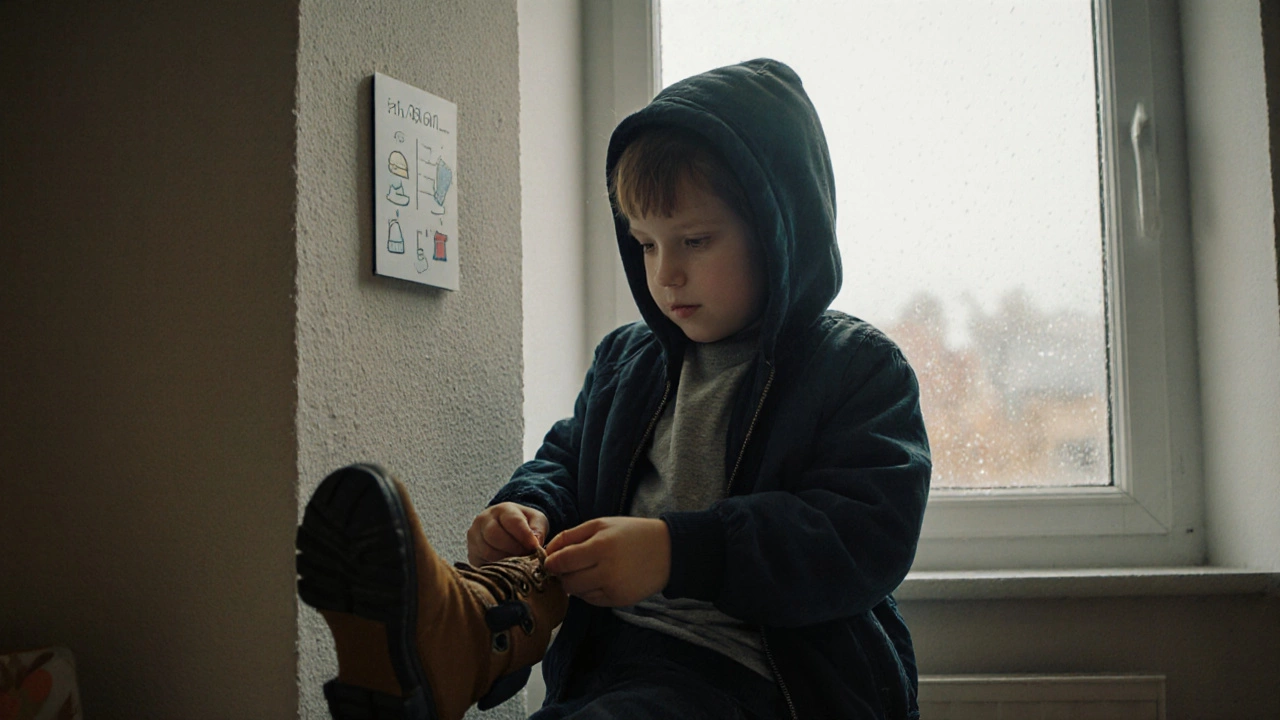 Шестилетний ребенок завязывает шнурки, на стене — чек-лист с иконками одежды.