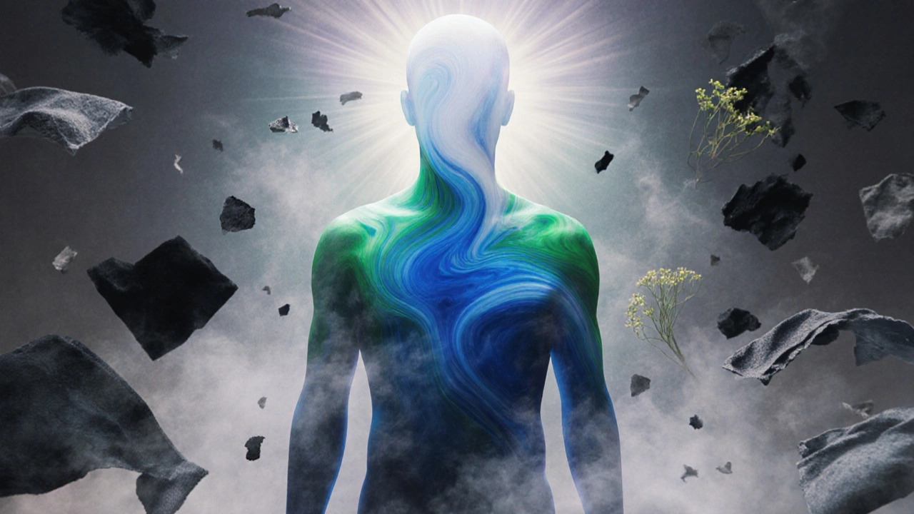 Силуэт человека, наполненный цветами спокойствия и обновления, с тёмными тенями, рассеивающимися в тумане, символизирующий внутреннюю гармонию.