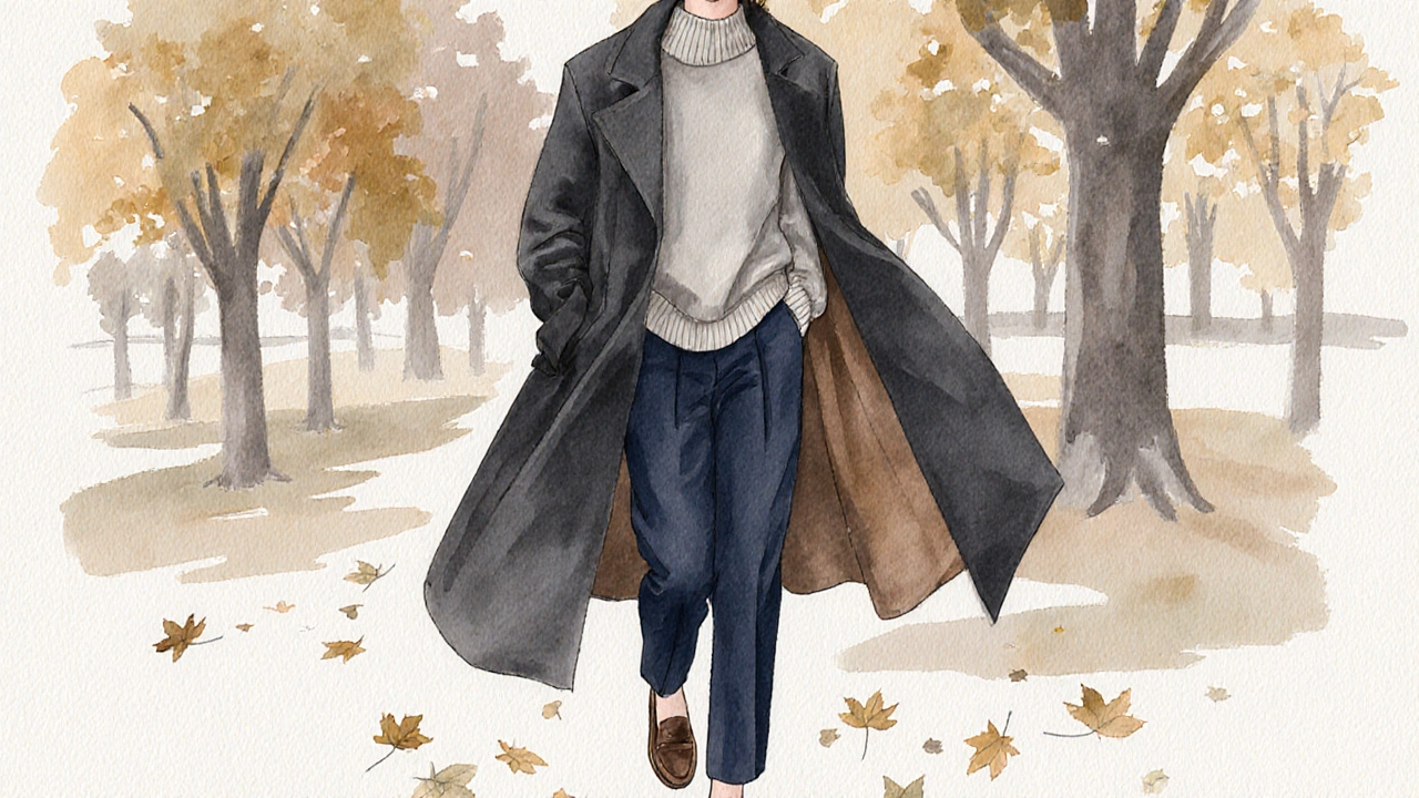 Силуэт человека в длинном пальто и свободном свитере, идущего по осеннему парку