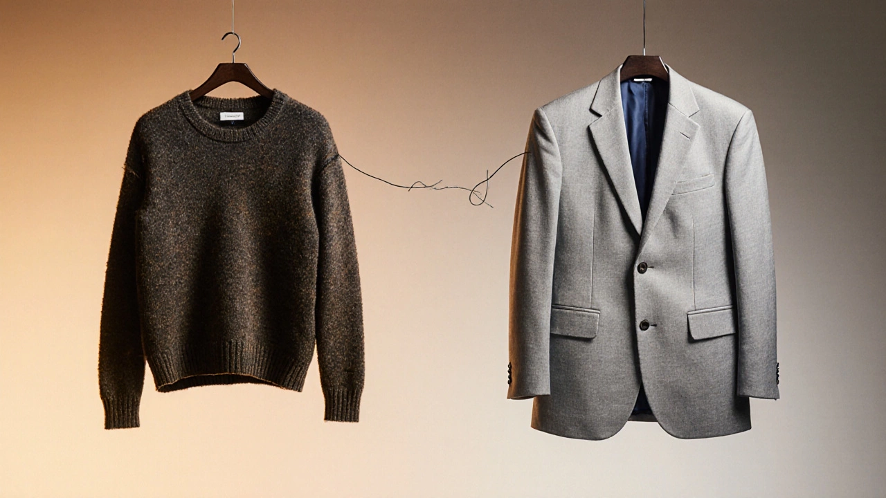 Слияние стилей: ветхий свитер и современный пиджак соединены нитью, символизируя эволюцию элегантности.