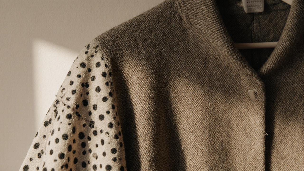 Текстурированная ткань в нейтральных тонах контрастирует с выцветшим платьем в горошек, символизируя смену модных трендов.