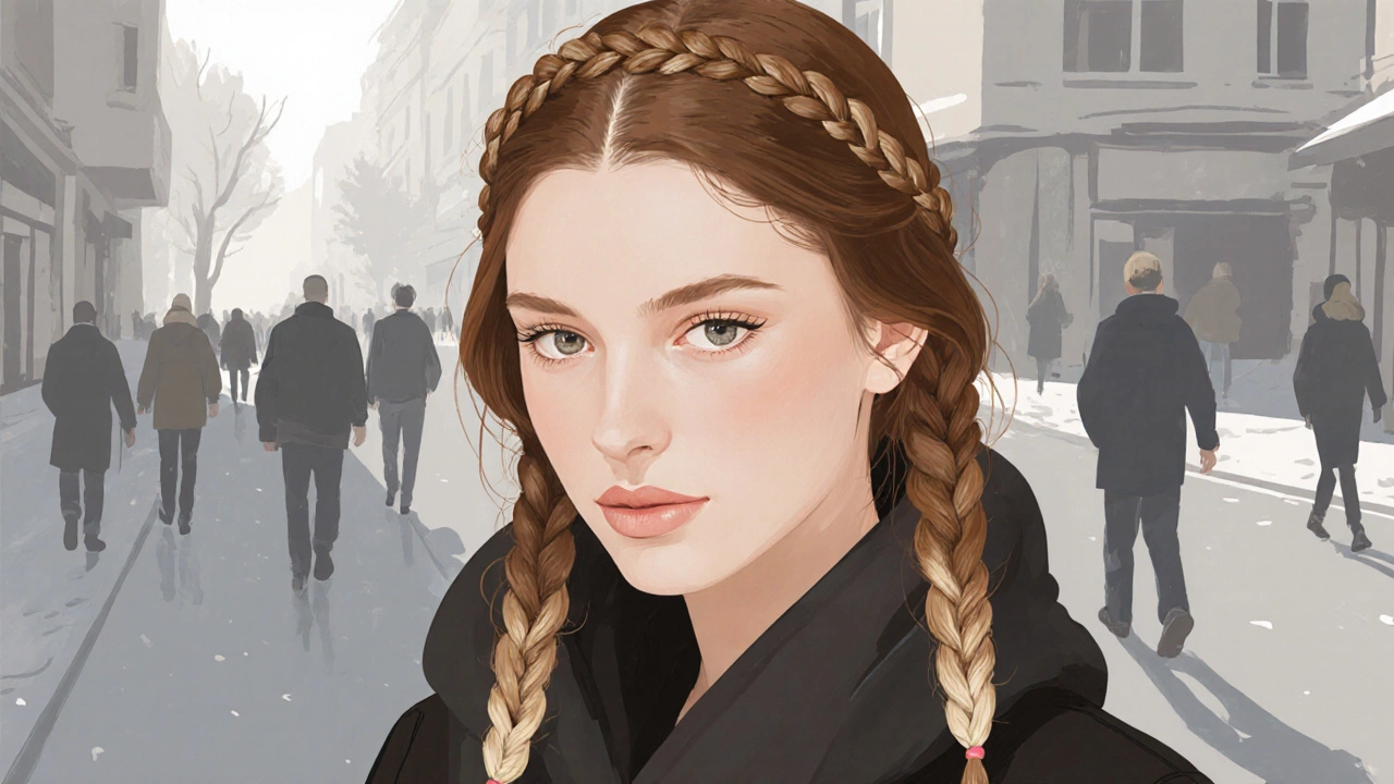 Тонкие французские косы вдоль висков, создают эффект ободка, волосы натурального каштанового цвета.