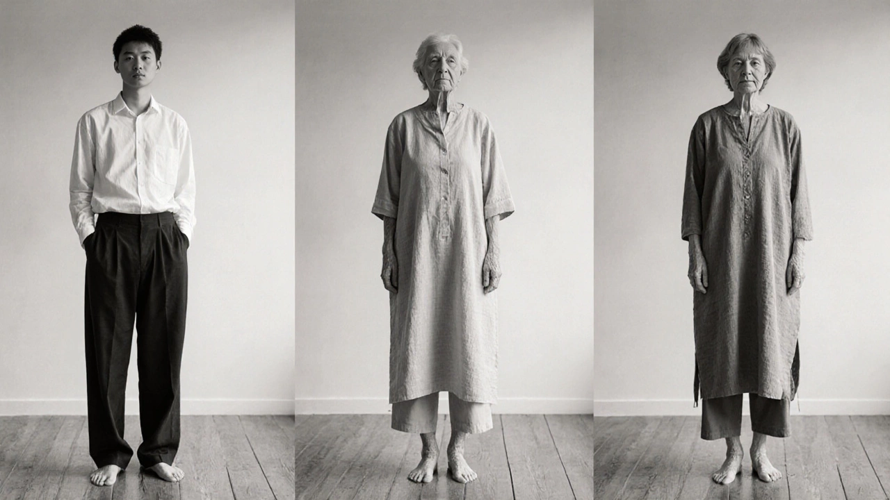 Три человека в одежде свободного стиля, стоящие босиком на деревянном полу