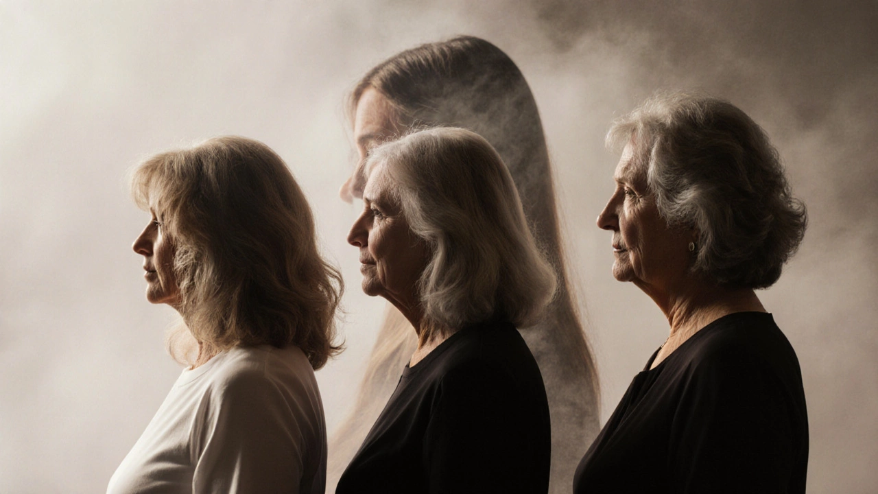 Три женщины с разными идеальными длинами волос, одна из них постепенно исчезает в тумане.
