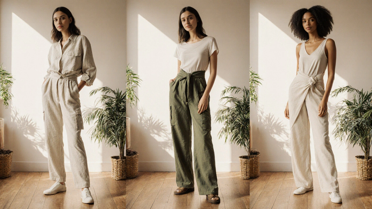 Три женщины в разных модных брюках 2024 года: прямые, карго и с запахом, в естественном освещении.