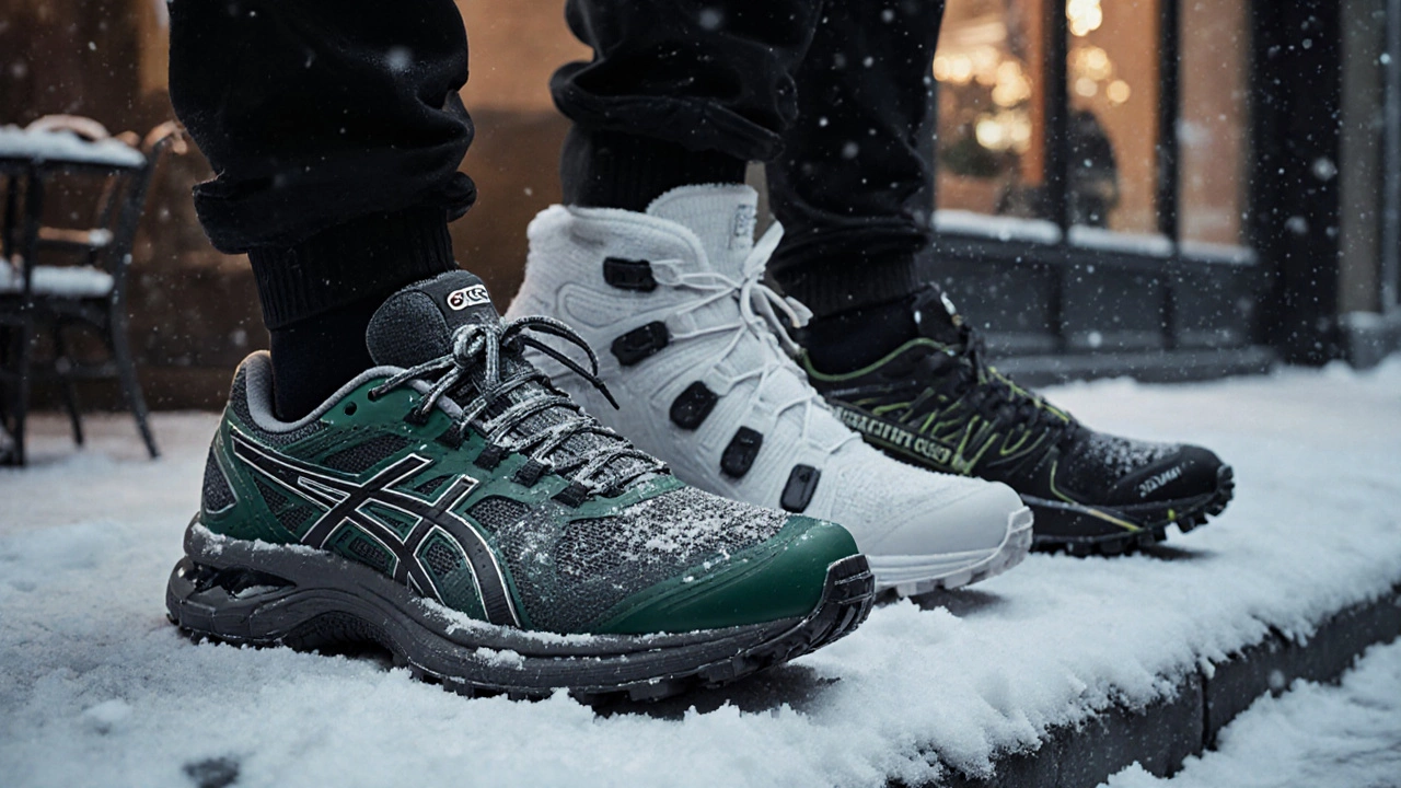 Три зимних кроссовки Asics, On и Salomon на снегу с солью и инеем, детализированная подошва.