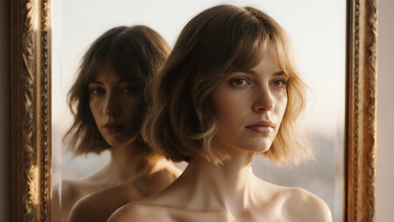 Женщина с волосами до подбородка, подчеркнутые скулы, мягкий свет, отражение в зеркале.