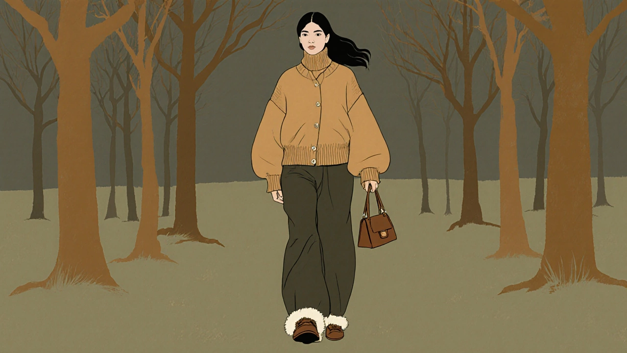 Женщина в длинном кардигане и широких брюках, идет по парку среди золотых деревьев.