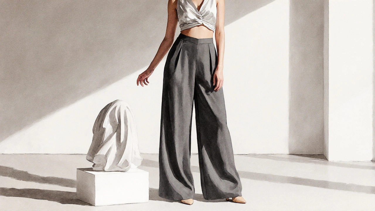 Женщина в широких брюках-палаццо с обтягивающим топом и туфлями на каблуке в минималистичном пространстве.