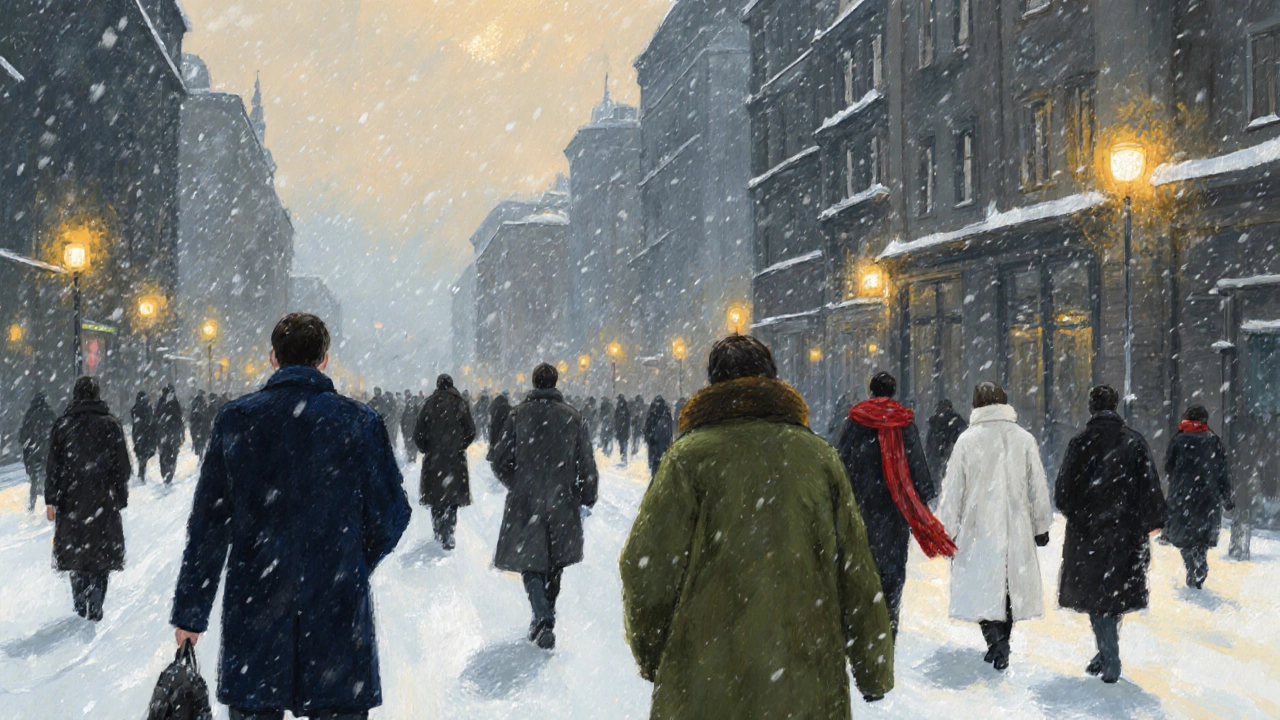 Зимний городской пейзаж: люди в синих, зелёных и белых пальто, один в красном шарфе, снег и тёплый свет уличных фонарей.