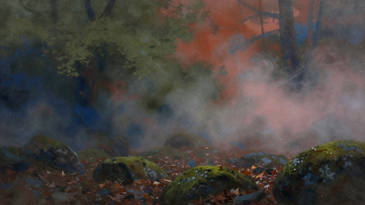 Абстрактное смешение цветов: оливкового, темно-синего, терракотового и светло-серого, как дым над лесом.