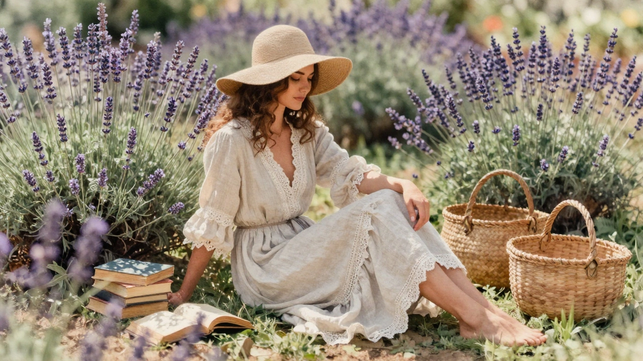 Бохо-образ: свободное платье, соломенная шляпа и лаванда в солнечном саду.