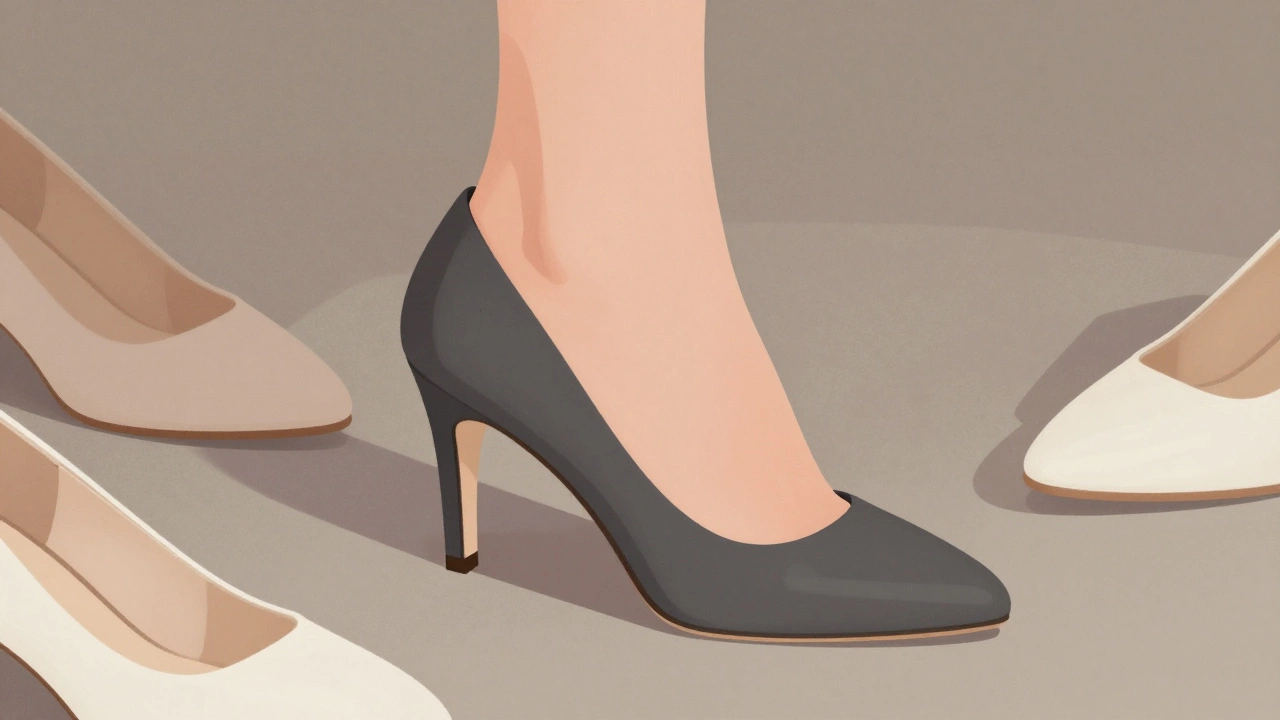 Боковой вид стопы в темно-серых туфлях, обувь сливаются с кожей, рядом светлые обувь создают контраст и визуально увеличивают объем.