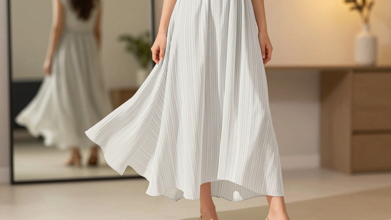 Длинное платье из легкой ткани с вертикальными полосами, подол чуть выше пола, обувь в тон ноги.