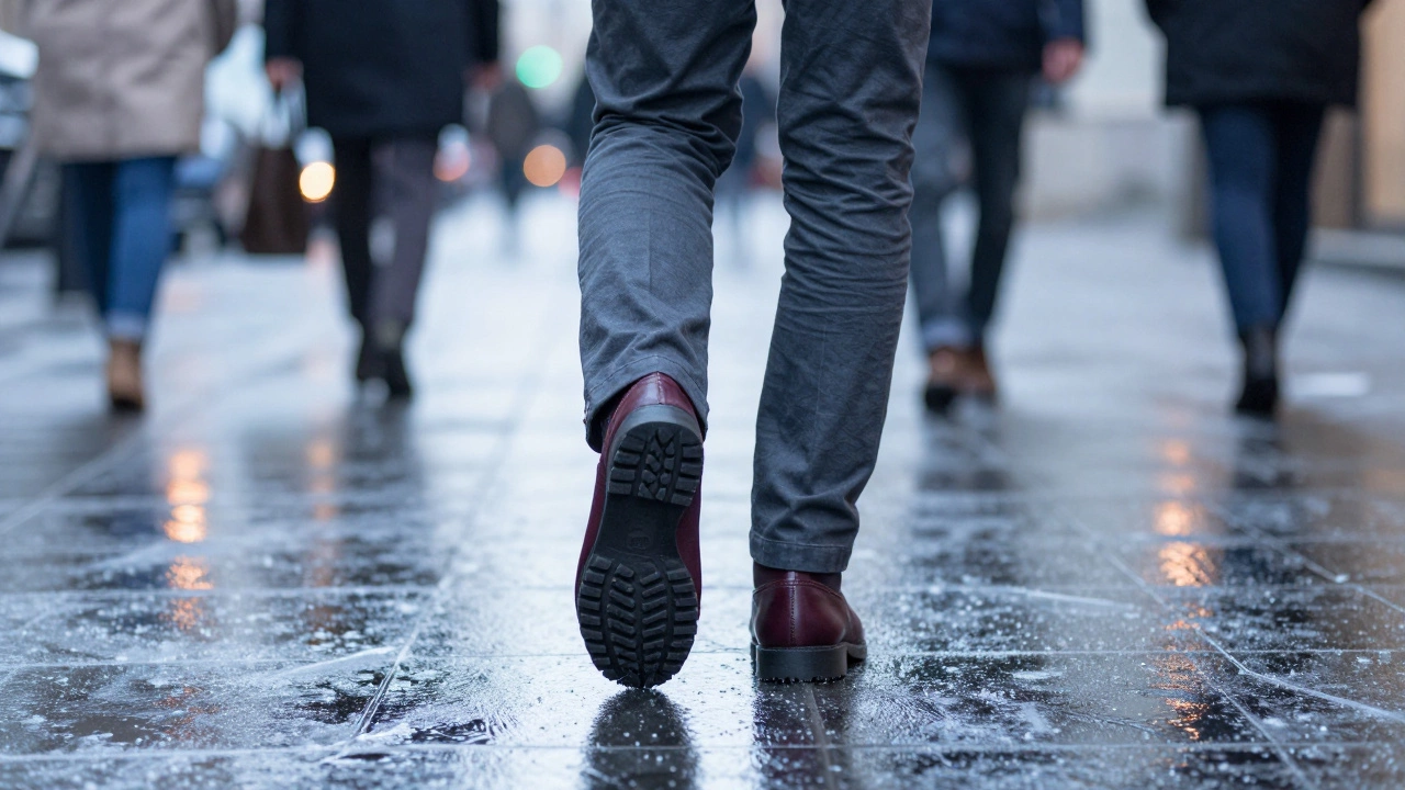 Фокус на подошве сапога, сцепляющейся со льдом, на фоне уличного пейзажа зимнего города.