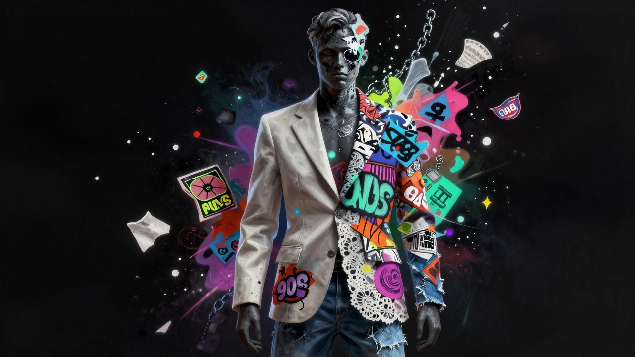 Концептуальный силуэт человека, состоящий из элементов разных модных стилей и экотканей.