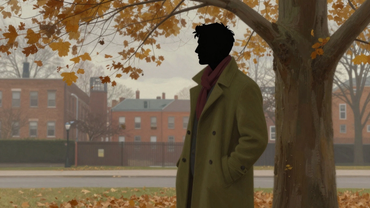 Мужчина в оливковом пальто среди опавших листьев в городском парке.