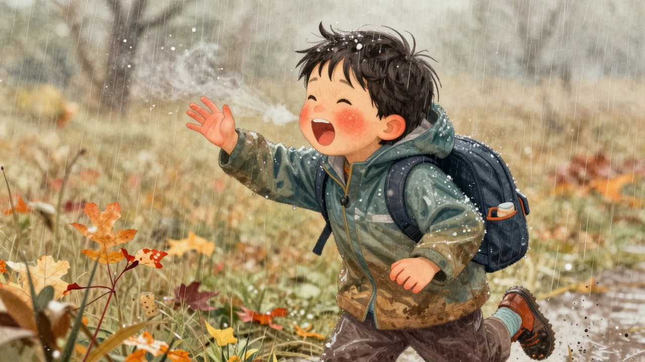 Ребенок играет в дождь, его спина сухая под водонепроницаемой курткой.