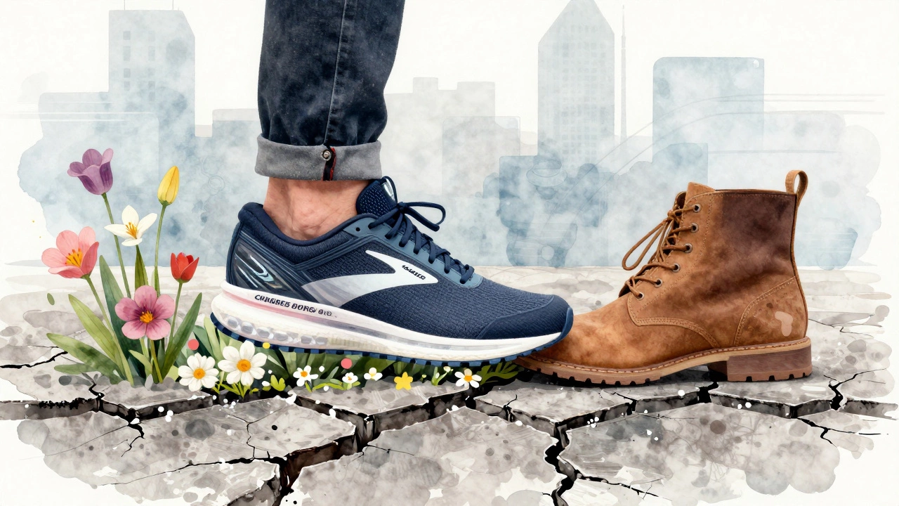 Символичное изображение шага от зимы к весне с технологичной обувью, растворяющейся в цветах.