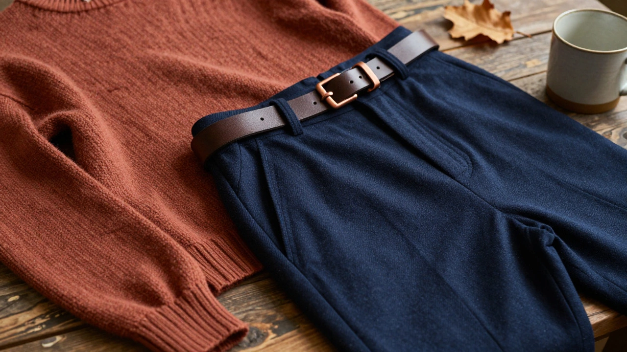 Текстуры свитера терракотового цвета, брюк темно-синего и медной застежки на деревянном столе.