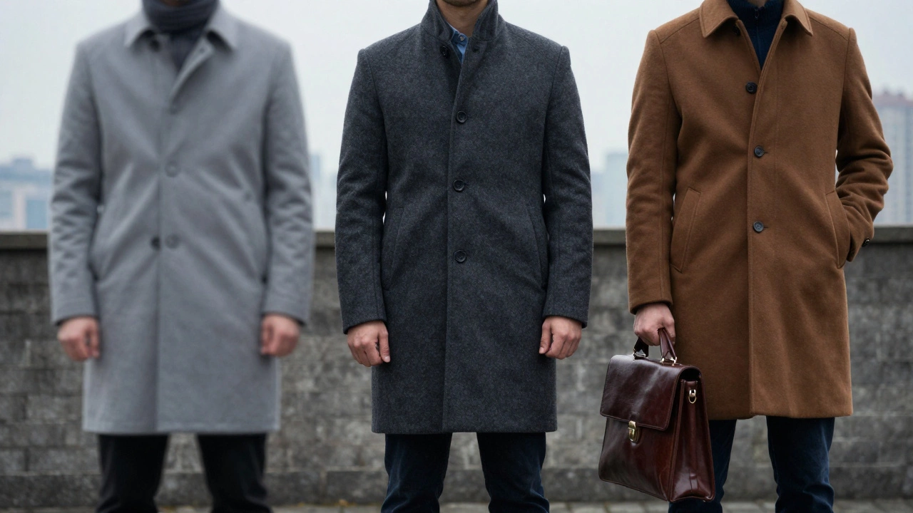 Три мужчины в разных серых и коричневых пальто: один растворяется, двое выделяются.