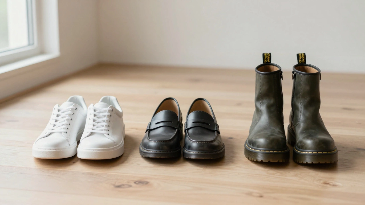 Три пары мужской обуви весны 2024: кроссовки, лоферы и ботильоны на тонкой платформе.